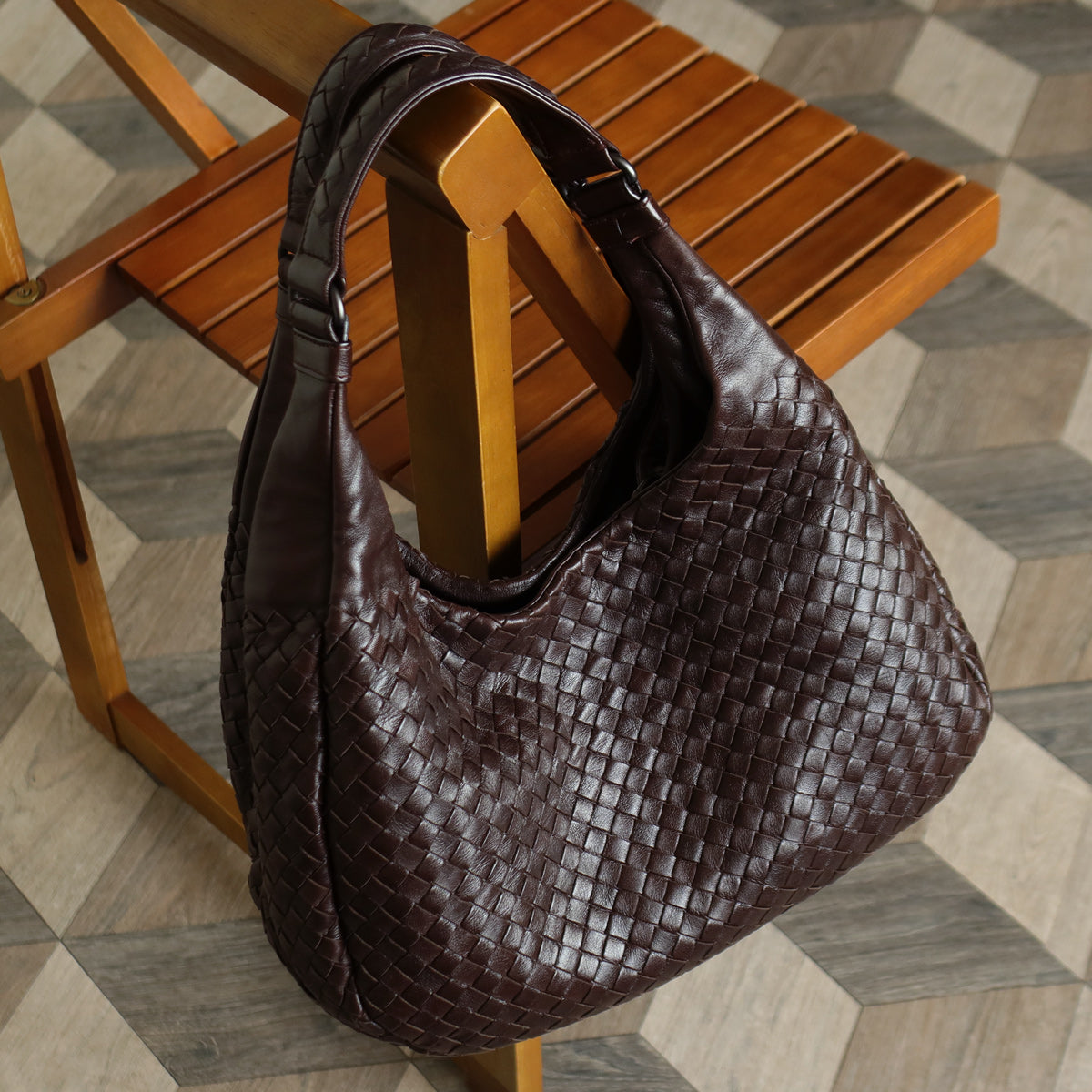 Bottega Veneta Vintage Dark Brown Intrecciato Campana Hobo Shoulder Bag