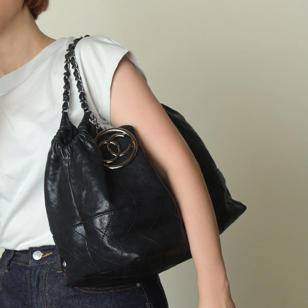 Chanel Vintage Diamond Stitching Coco charm Cabas Black Hobo Shoulder Bag