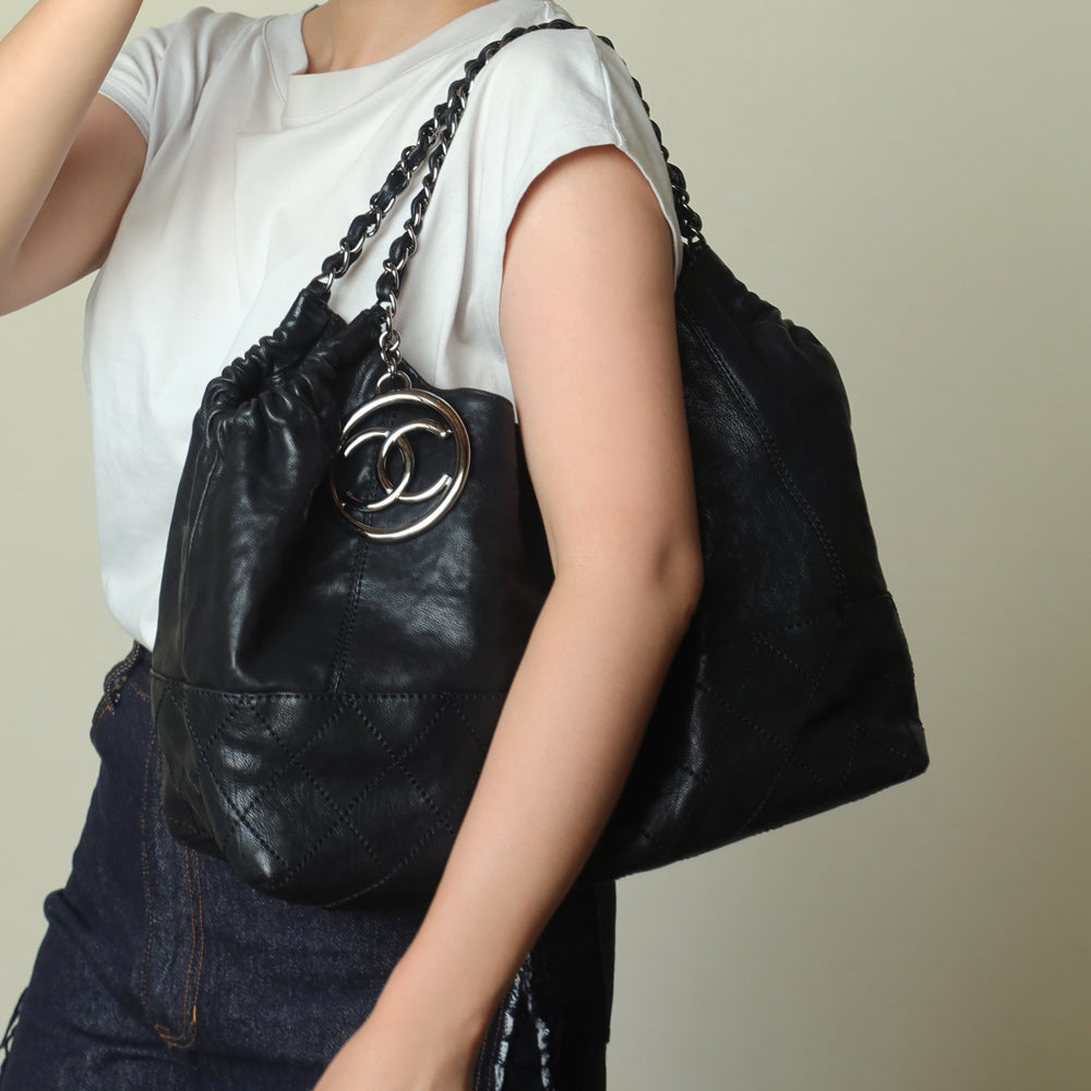 Chanel Vintage Diamond Stitching Coco charm Cabas Black Hobo Shoulder Bag