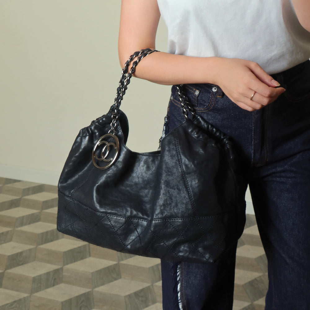 Chanel Vintage Diamond Stitching Coco charm Cabas Black Hobo Shoulder Bag