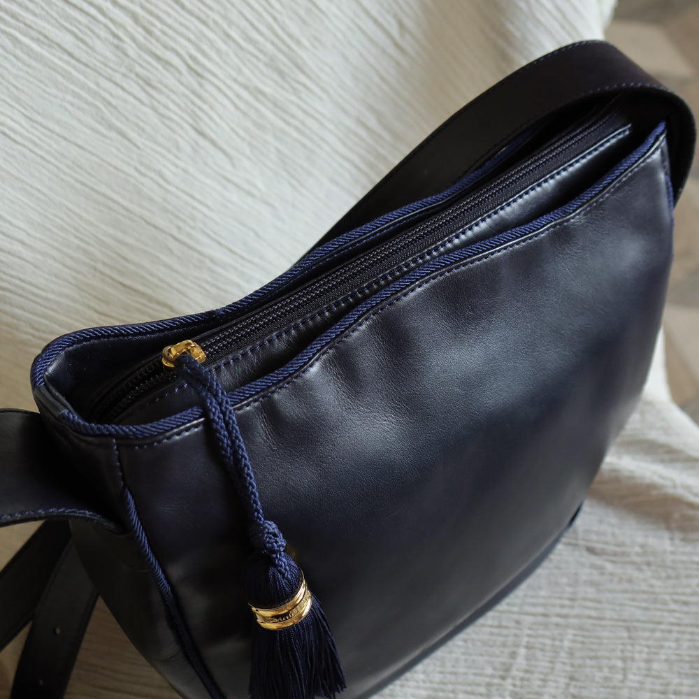 Christian Dior Vintage Navy Fringe Charm CD logo Leather Crossbody Sling Bag