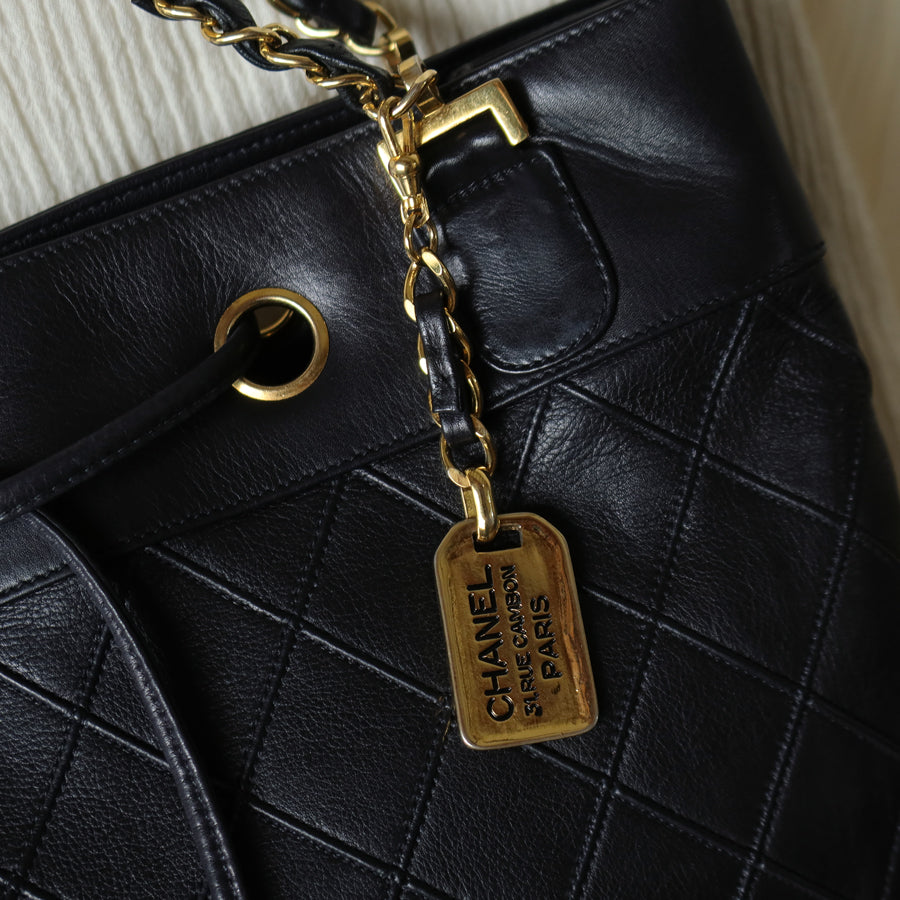 Chanel Vintage Black Calfskin Matelasse Quilted CC Charm Crossbody Shoulder Bag