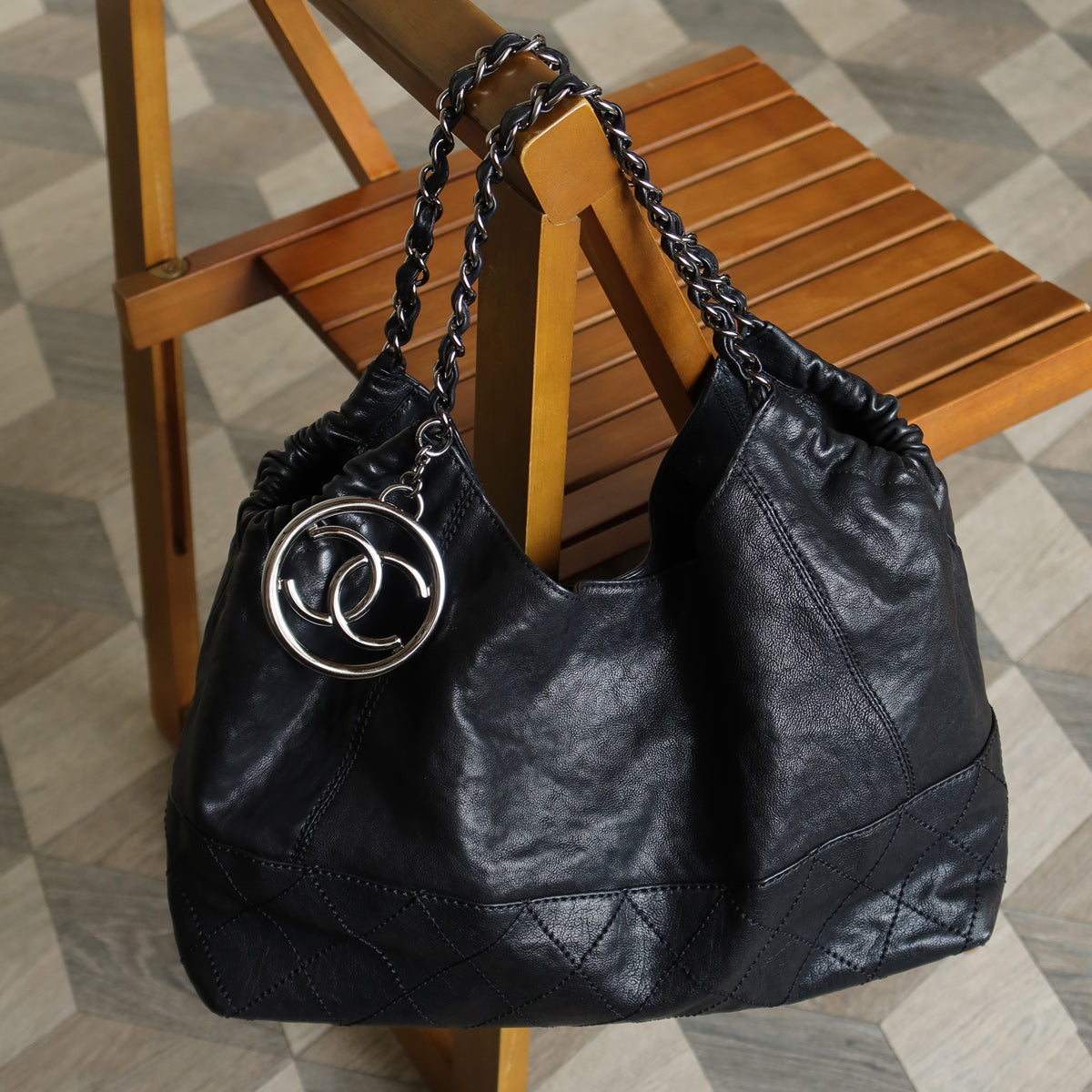 Chanel Vintage Diamond Stitching Coco charm Cabas Black Hobo Shoulder Bag