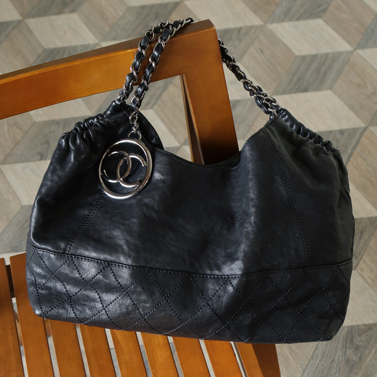 Chanel Vintage Diamond Stitching Coco charm Cabas Black Hobo Shoulder Bag
