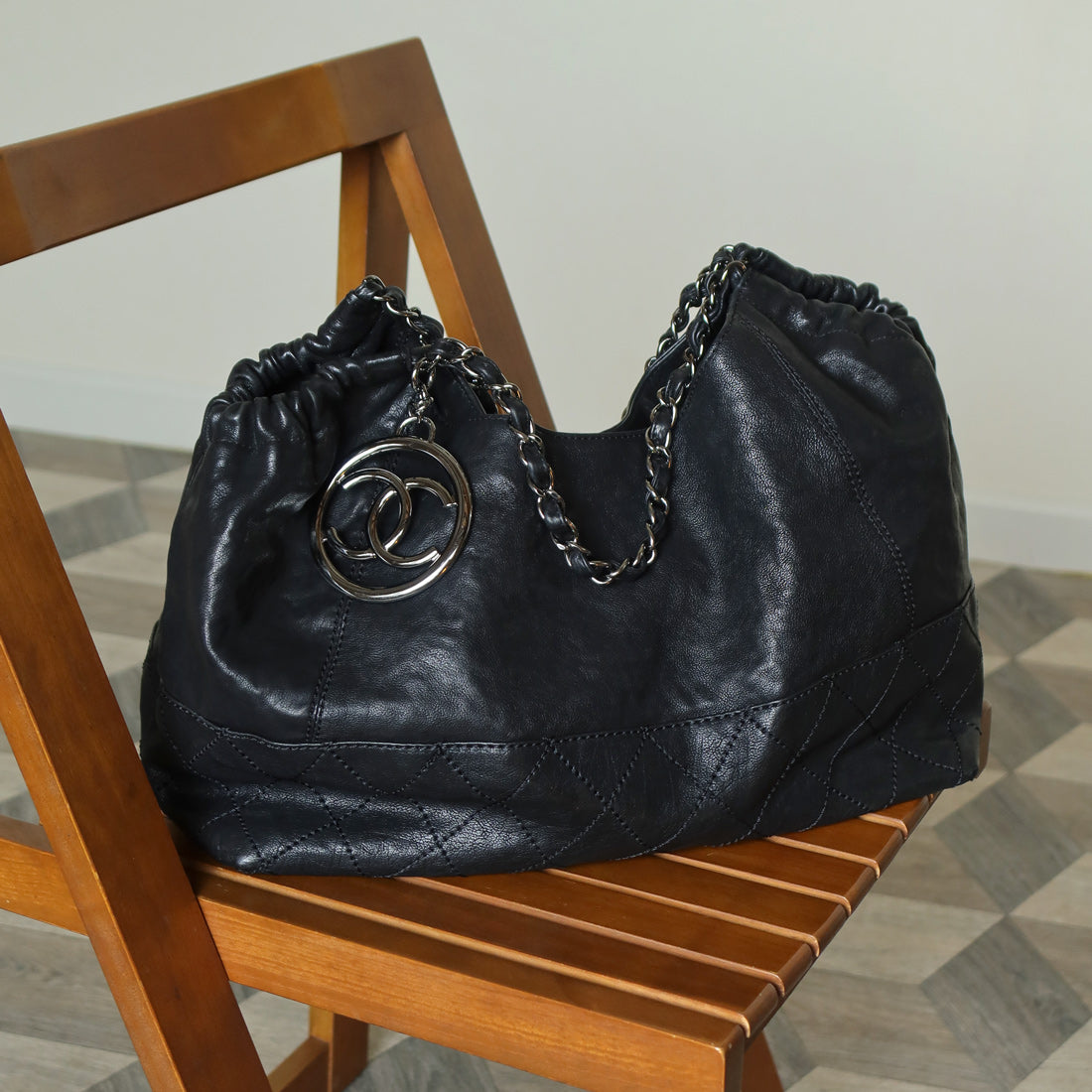 Chanel Vintage Diamond Stitching Coco charm Cabas Black Hobo Shoulder Bag