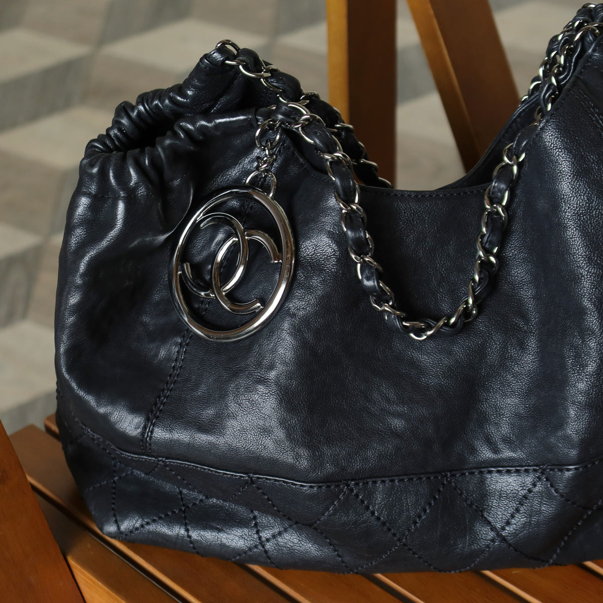 Chanel Vintage Diamond Stitching Coco charm Cabas Black Hobo Shoulder Bag