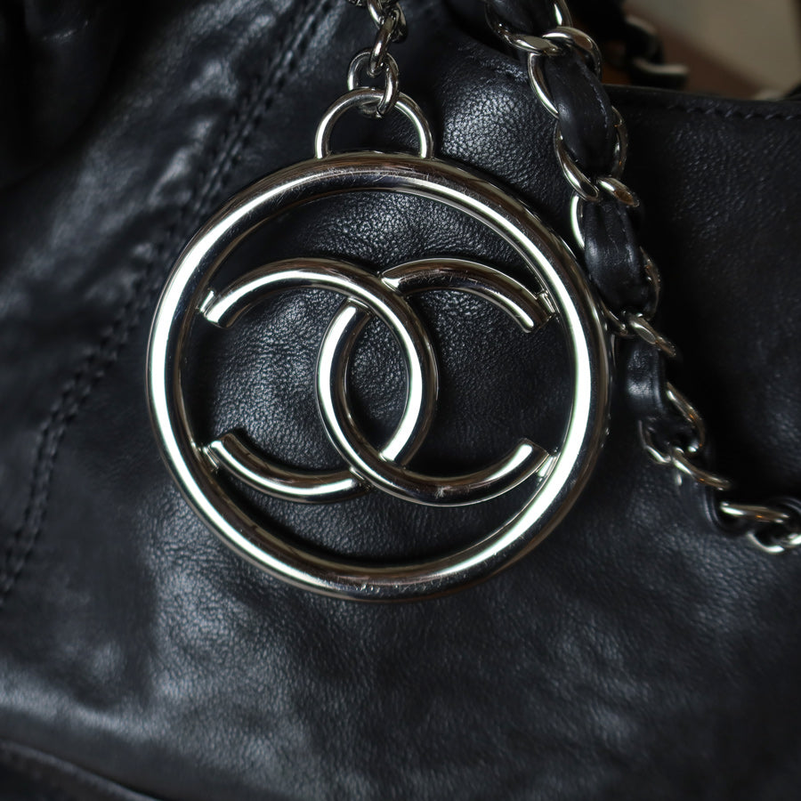 Chanel Vintage Diamond Stitching Coco charm Cabas Black Hobo Shoulder Bag
