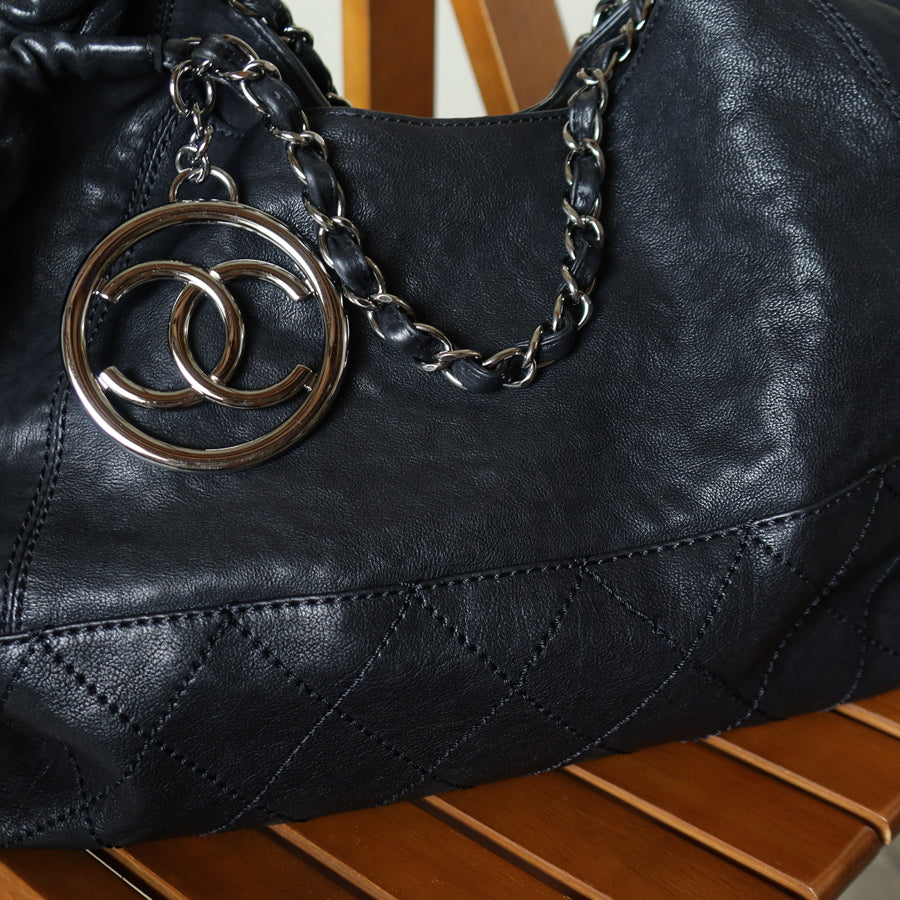 Chanel Vintage Diamond Stitching Coco charm Cabas Black Hobo Shoulder Bag