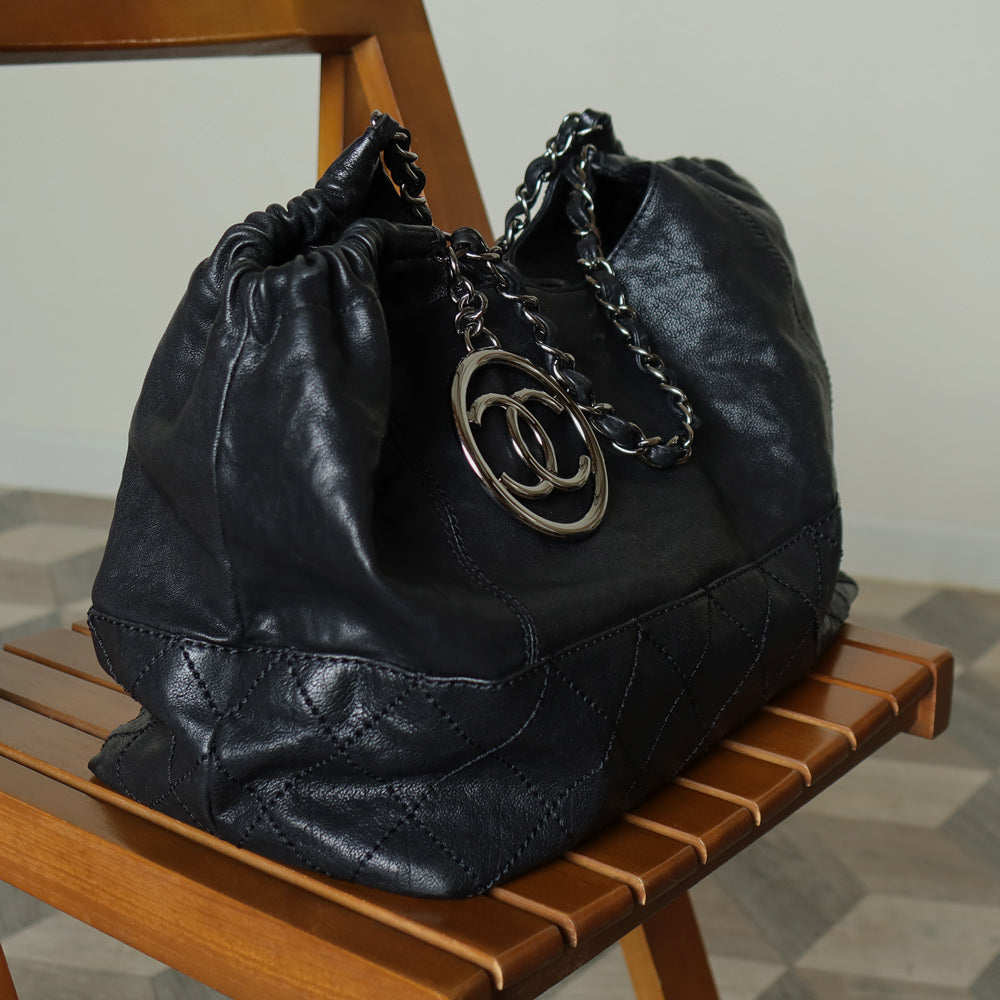 Chanel Vintage Diamond Stitching Coco charm Cabas Black Hobo Shoulder Bag
