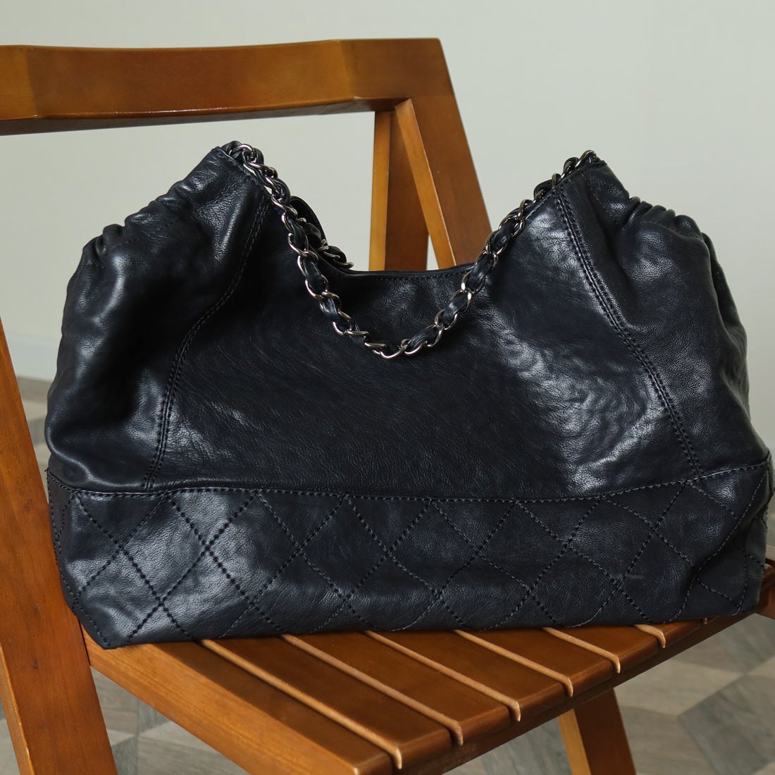 Chanel Vintage Diamond Stitching Coco charm Cabas Black Hobo Shoulder Bag