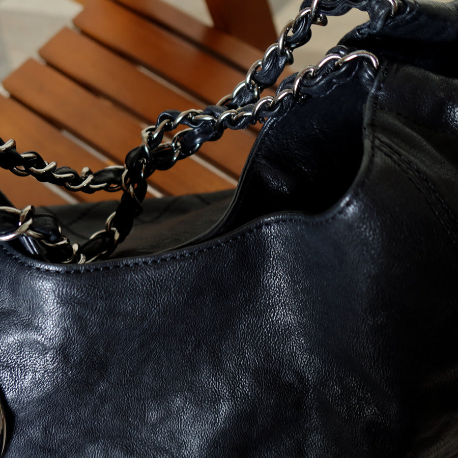 Chanel Vintage Diamond Stitching Coco charm Cabas Black Hobo Shoulder Bag