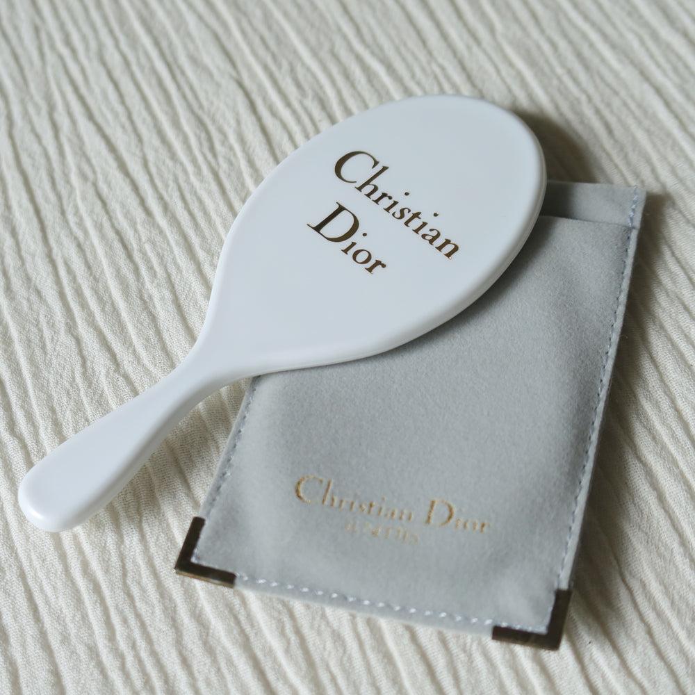 Rare Christian Dior Vintage White Small Handheld Beauty Mirror with Pocket