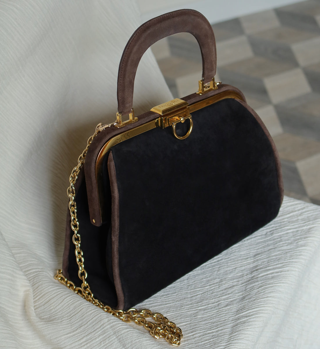 Vintage Christian Dior 90s Brown Black Suede Leather Kiss Lock 2-way Trapeze Bag