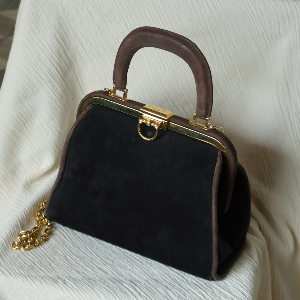 Vintage Christian Dior 90s Brown Black Suede Leather Kiss Lock 2-way Trapeze Bag