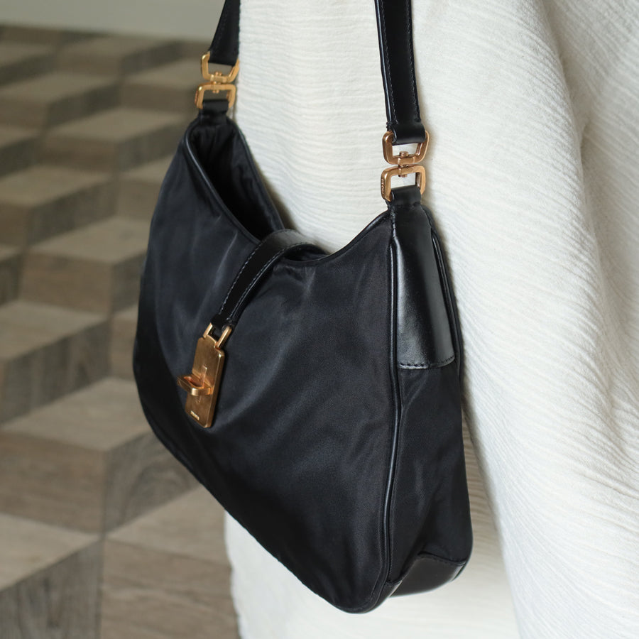 Rare Prada Vintage Black Nylon Tessuto Reversible Rose Gold Turn lock Hobo Bag