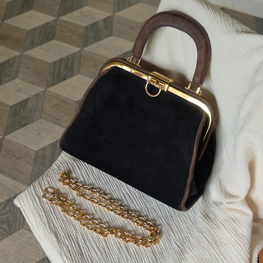 Vintage Christian Dior 90s Brown Black Suede Leather Kiss Lock 2-way Trapeze Bag