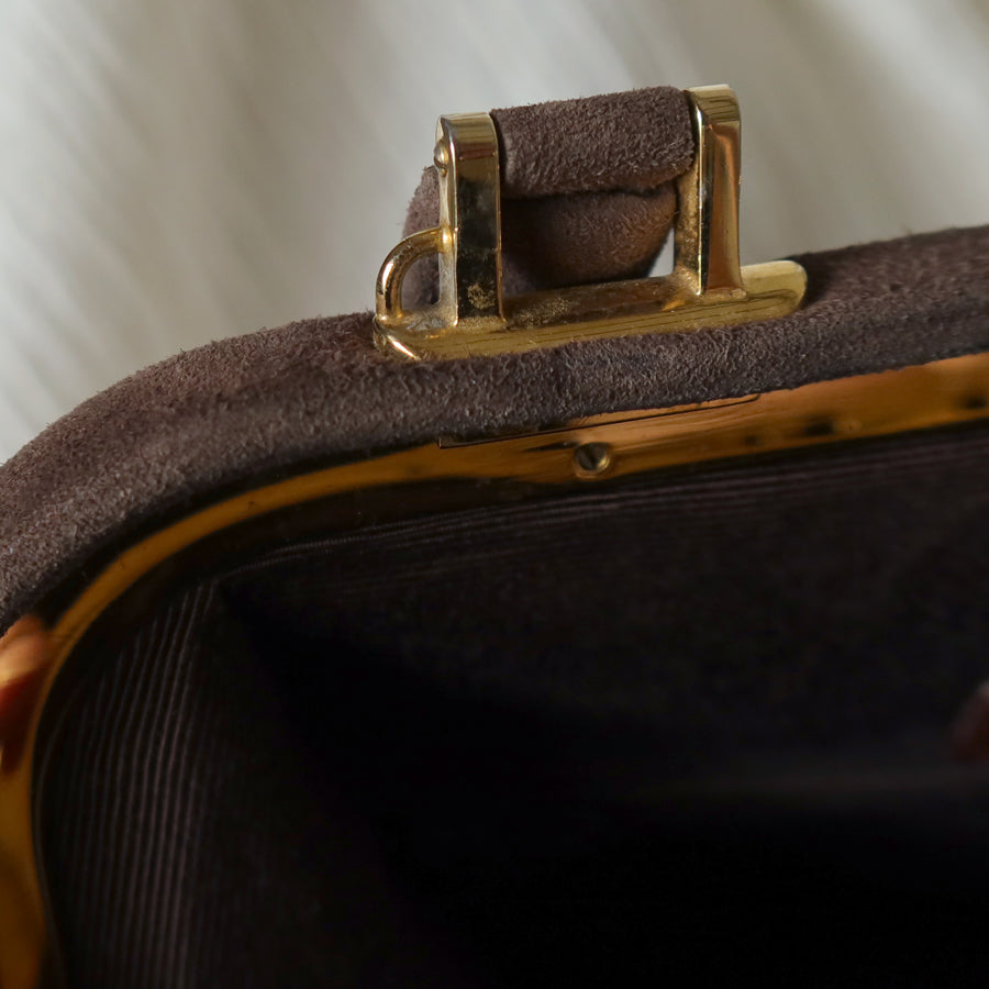 Vintage Christian Dior 90s Brown Black Suede Kiss Lock 2-way Trapeze Bag