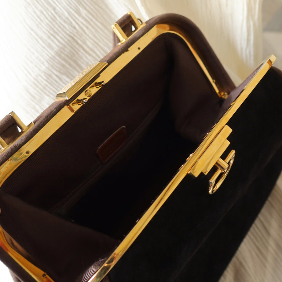 Vintage Christian Dior 90s Brown Black Suede Kiss Lock 2-way Trapeze Bag