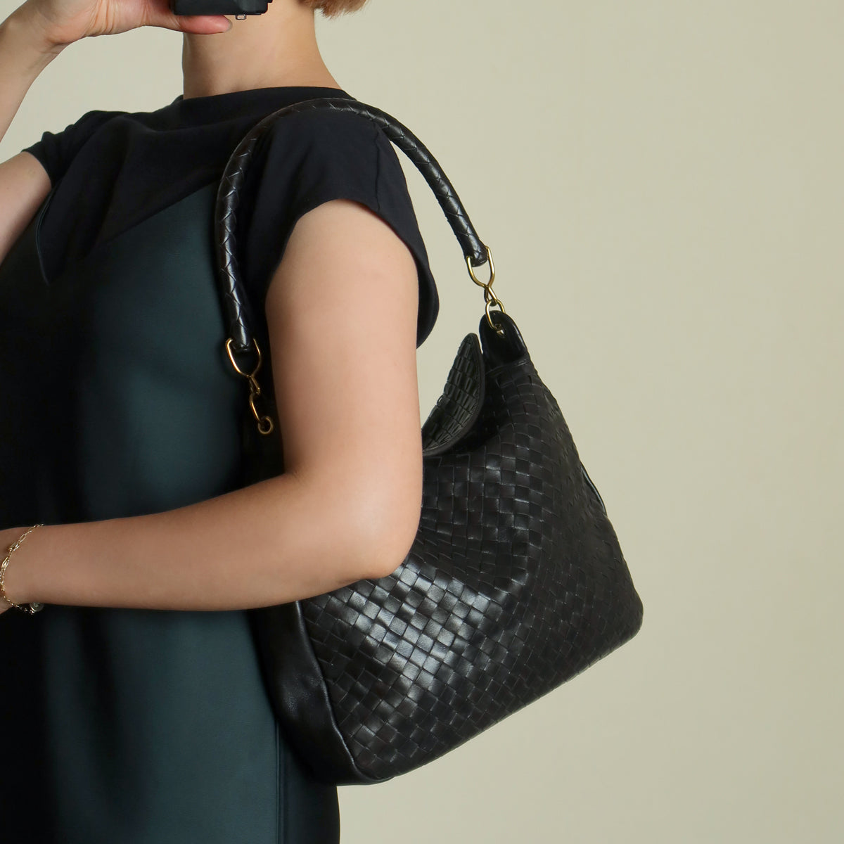 Rare Bottega Veneta Vintage Black Intrecciato Braided Strap Hobo Shoulder Flap Bag