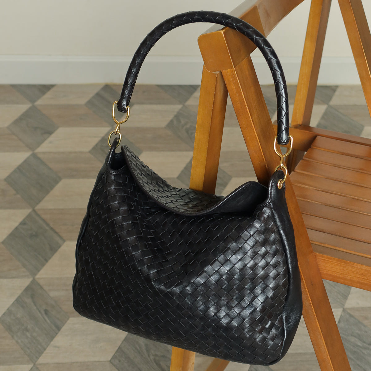 Rare Bottega Veneta Vintage Black Intrecciato Braided Strap Hobo Shoulder Flap Bag