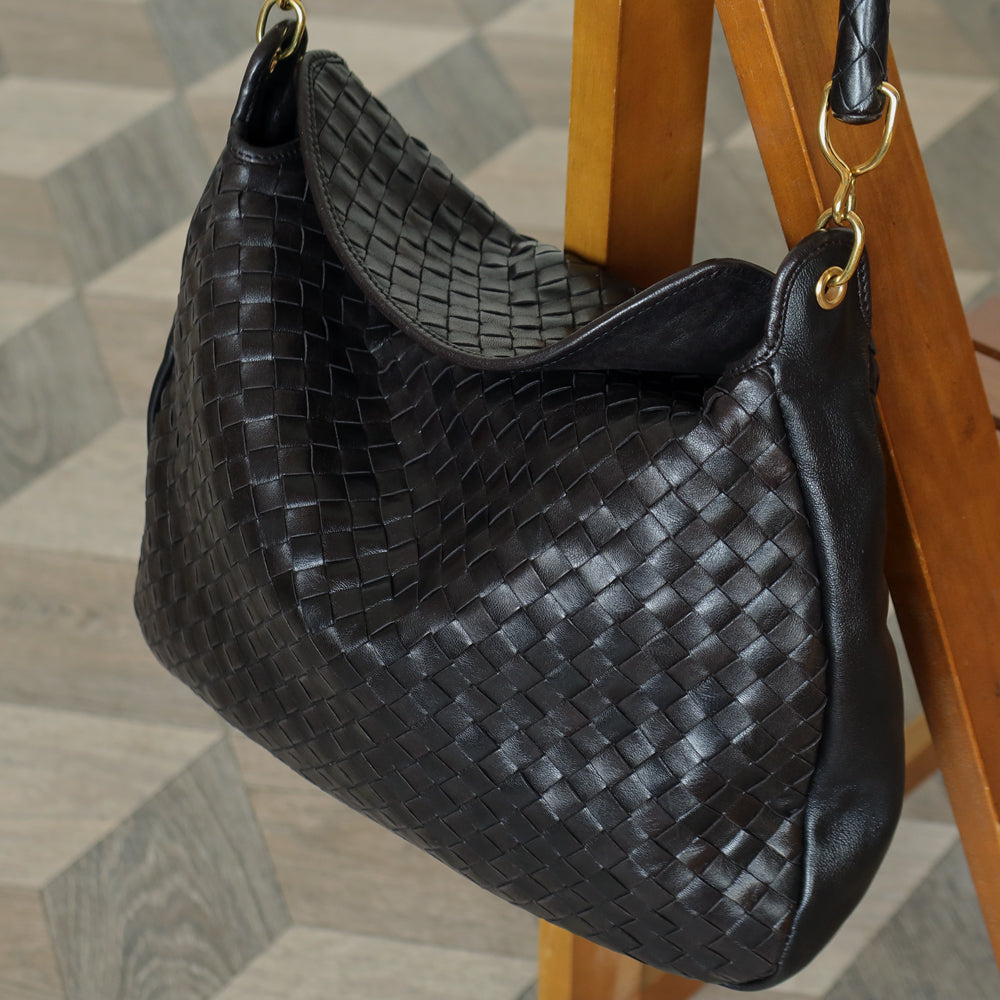 Rare Bottega Veneta Vintage Black Intrecciato Braided Strap Hobo Shoulder Flap Bag