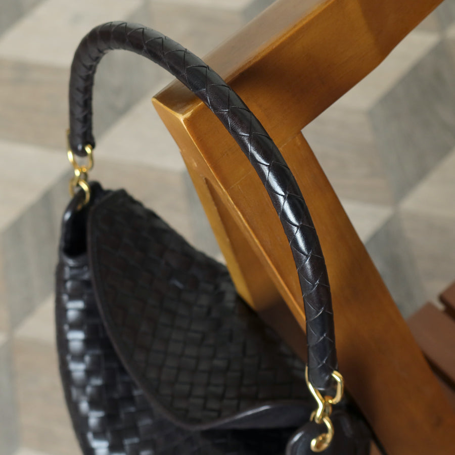 Rare Bottega Veneta Vintage Black Intrecciato Braided Strap Hobo Shoulder Flap Bag