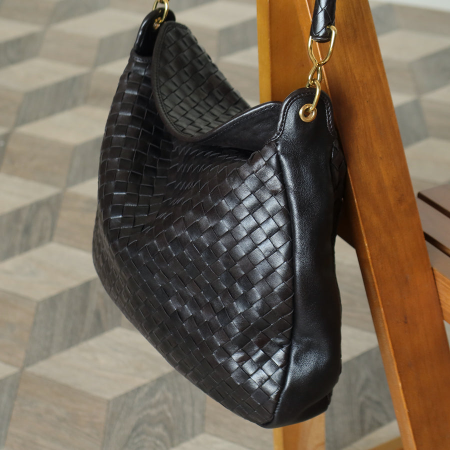 Rare Bottega Veneta Vintage Black Intrecciato Braided Strap Hobo Shoulder Flap Bag