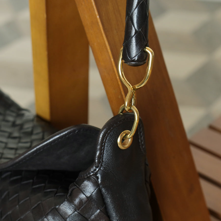 Rare Bottega Veneta Vintage Black Intrecciato Braided Strap Hobo Shoulder Flap Bag