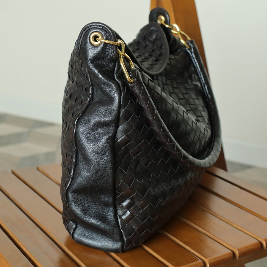 Rare Bottega Veneta Vintage Black Intrecciato Braided Strap Hobo Shoulder Flap Bag