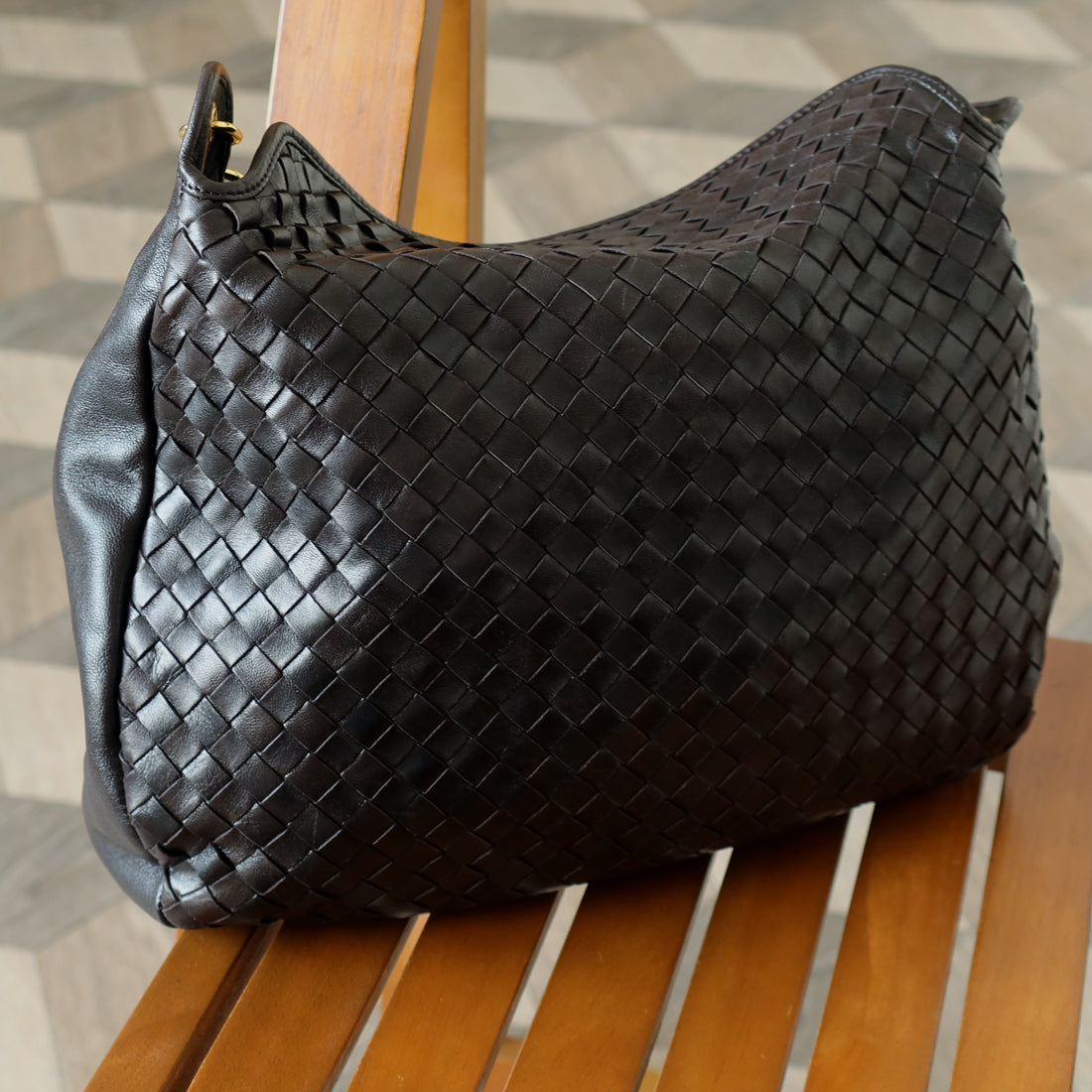 Rare Bottega Veneta Vintage Black Intrecciato Braided Strap Hobo Shoulder Flap Bag
