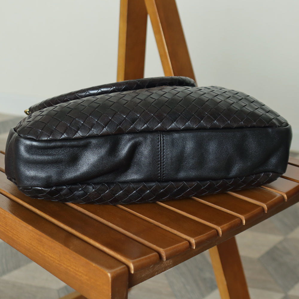 Rare Bottega Veneta Vintage Black Intrecciato Braided Strap Hobo Shoulder Flap Bag