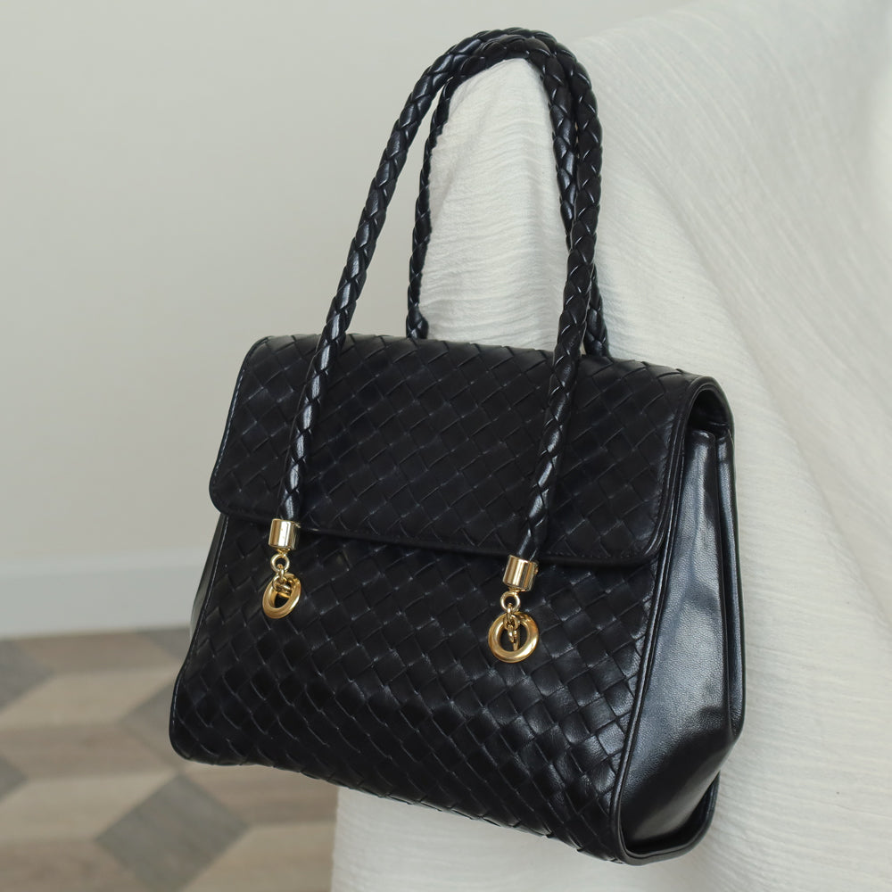 Rare Bottega Veneta Vintage Black Intrecciato Weave Double Braided Strap Trapeze Bag