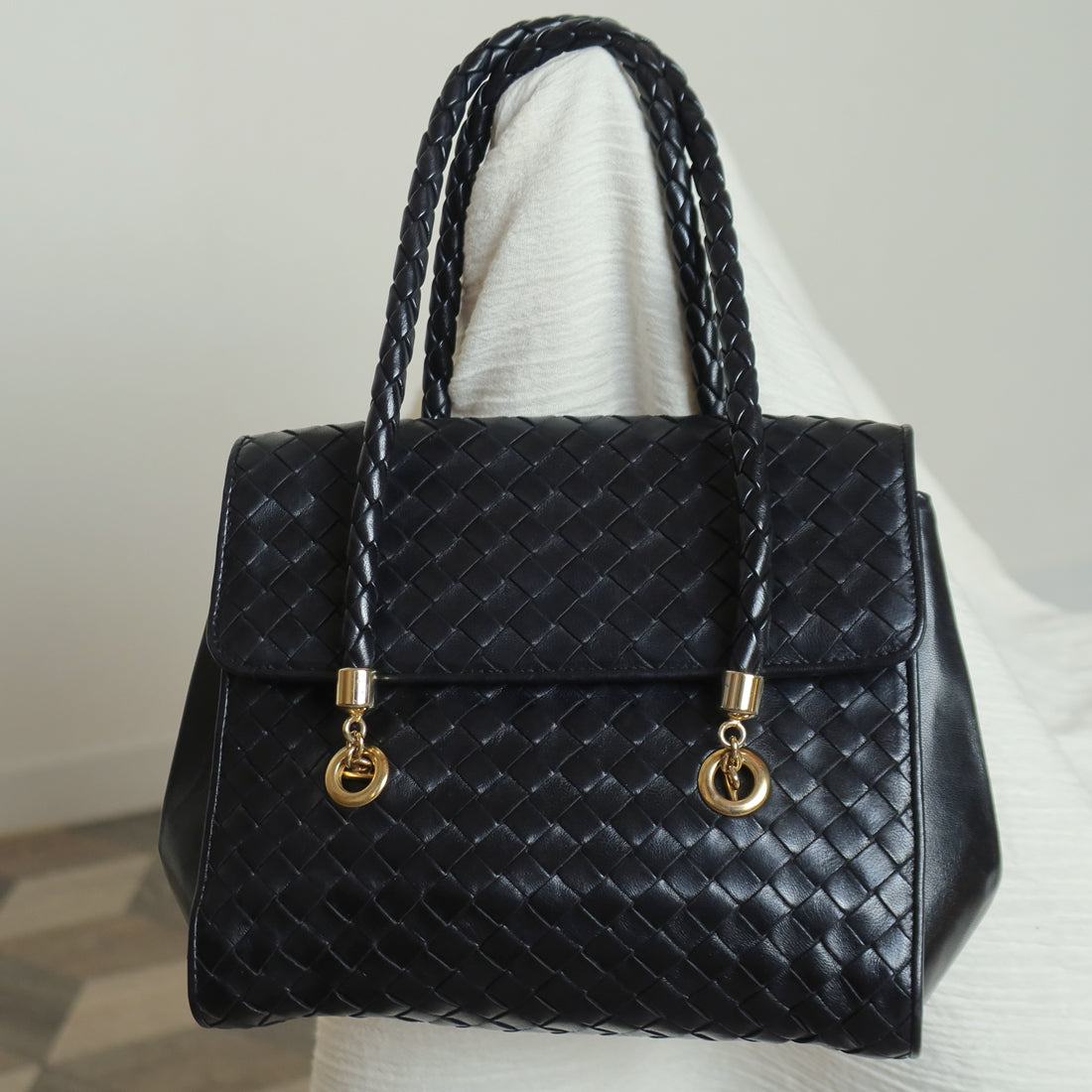 Rare Bottega Veneta Vintage Black Intrecciato Weave Double Braided Strap Trapeze Bag