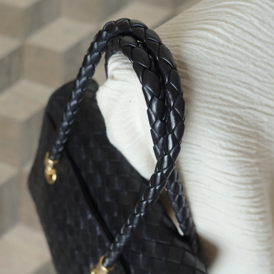 Rare Bottega Veneta Vintage Black Intrecciato Weave Double Braided Strap Trapeze Bag