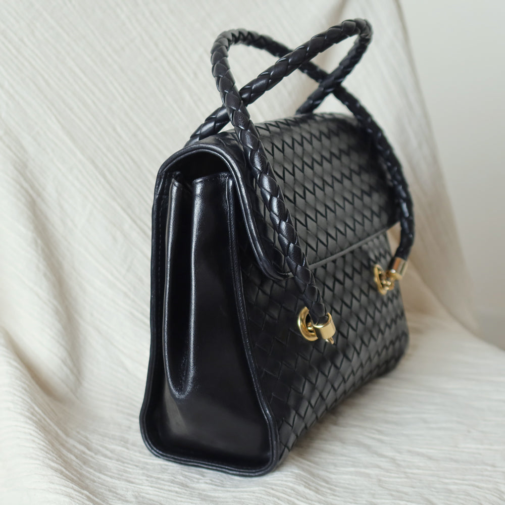 Rare Bottega Veneta Vintage Black Intrecciato Weave Double Braided Strap Trapeze Bag