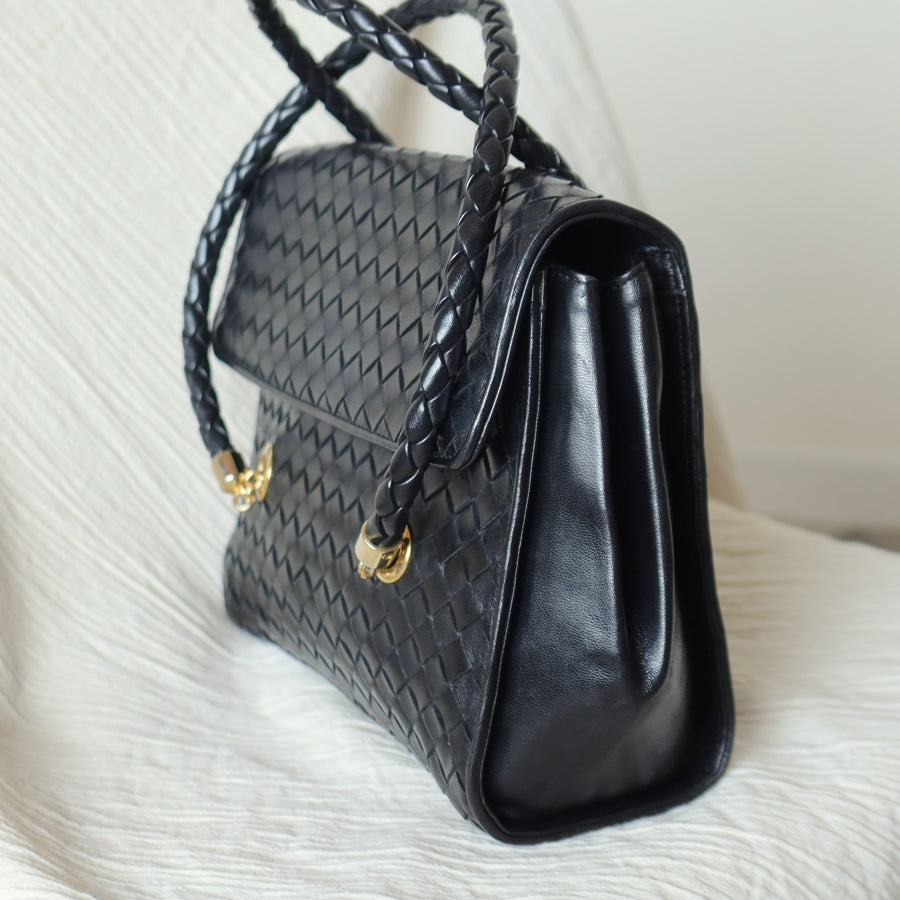Rare Bottega Veneta Vintage Black Intrecciato Weave Double Braided Strap Trapeze Bag