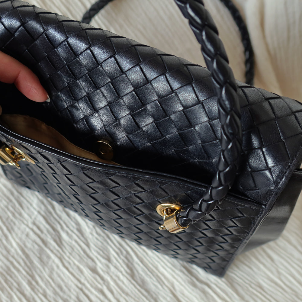 Rare Bottega Veneta Vintage Black Intrecciato Weave Double Braided Strap Trapeze Bag