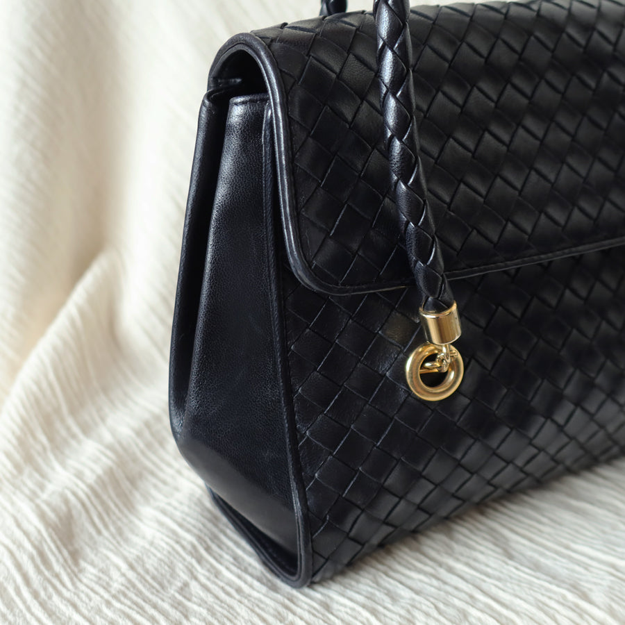 Rare Bottega Veneta Vintage Black Intrecciato Weave Double Braided Strap Trapeze Bag