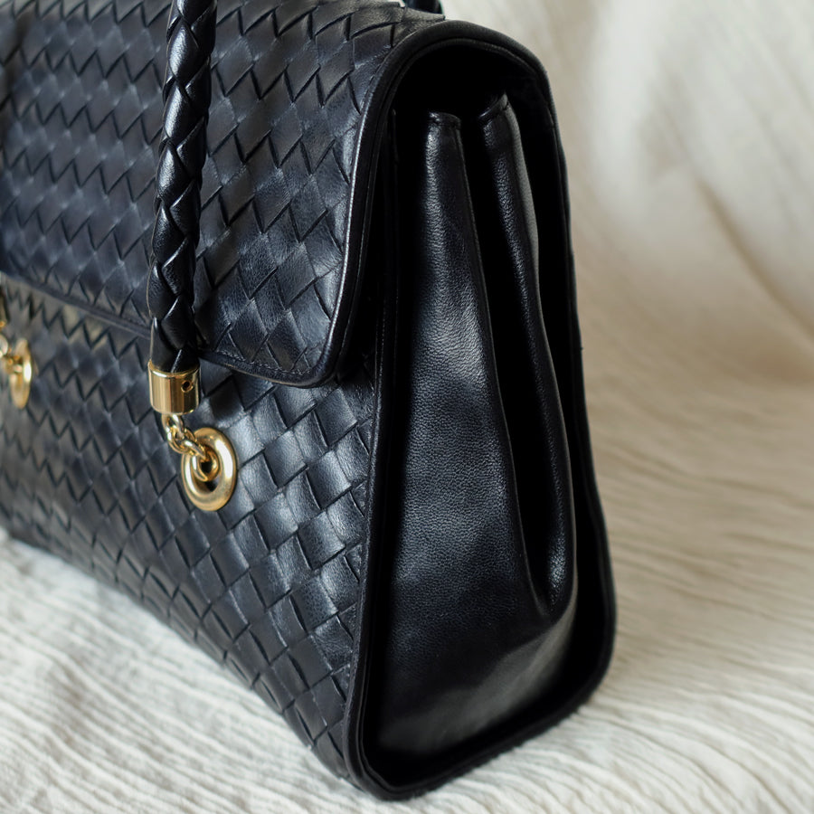 Rare Bottega Veneta Vintage Black Intrecciato Weave Double Braided Strap Trapeze Bag