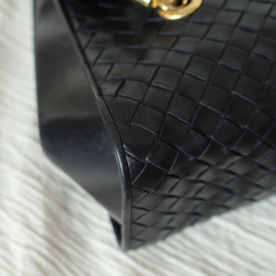 Rare Bottega Veneta Vintage Black Intrecciato Weave Double Braided Strap Trapeze Bag
