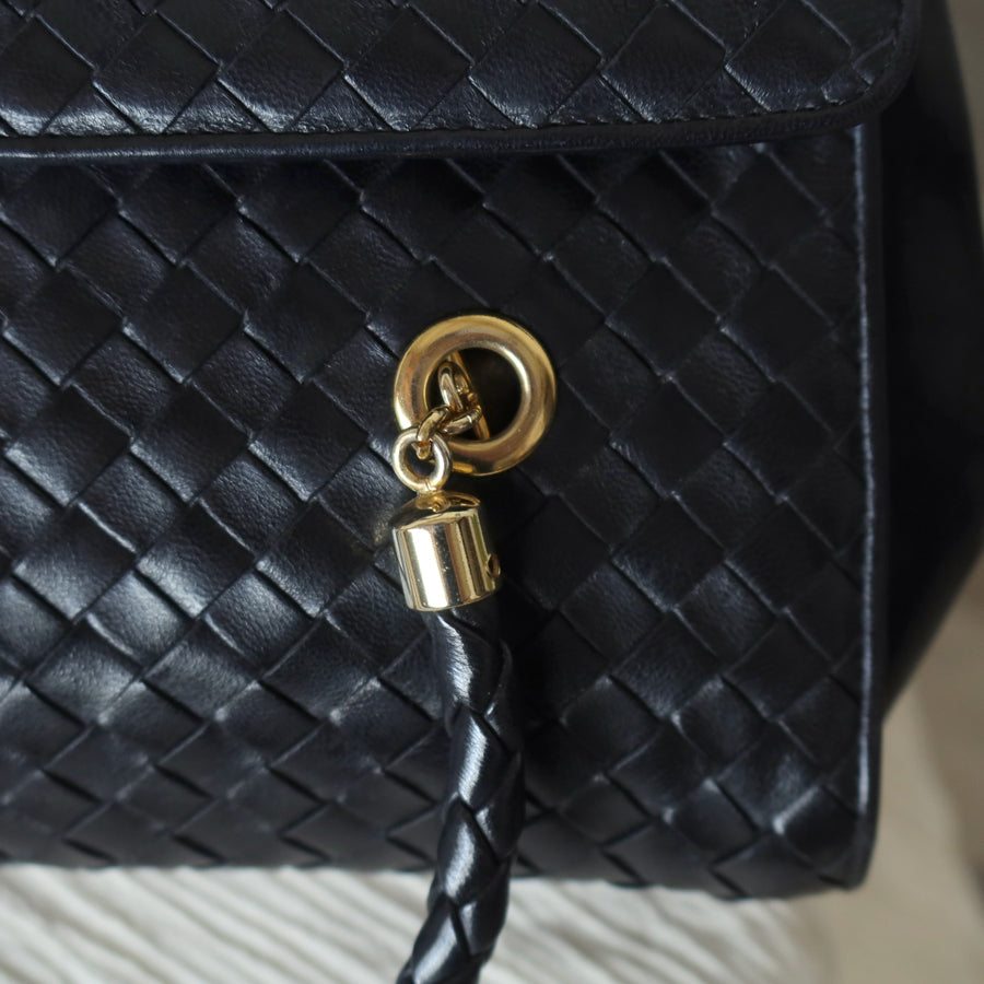 Rare Bottega Veneta Vintage Black Intrecciato Weave Double Braided Strap Trapeze Bag