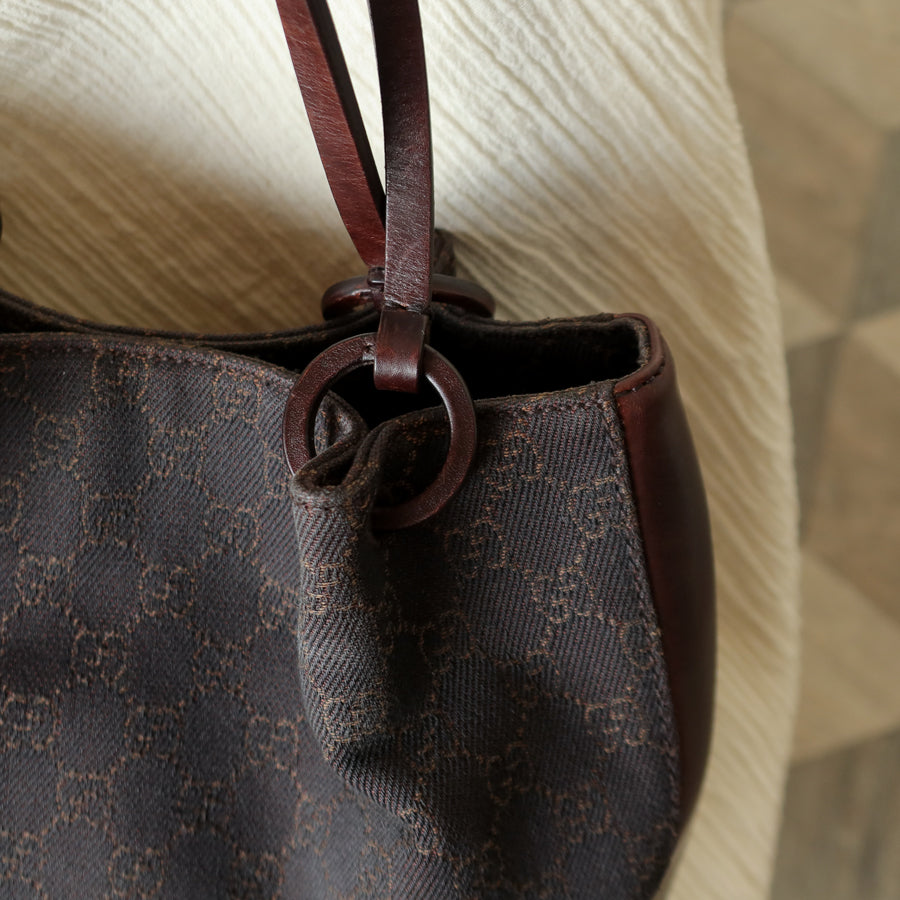 Gucci Vintage Dark Brown Canvas Leather GG Monogram Daily Tote Shoulder Bag