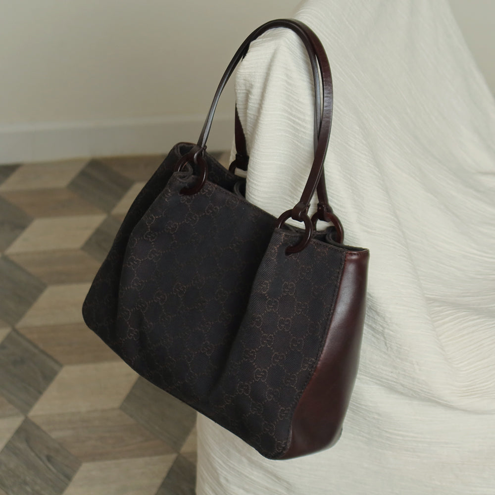 Gucci Vintage Dark Brown Canvas Leather GG Monogram Daily Tote Shoulder Bag