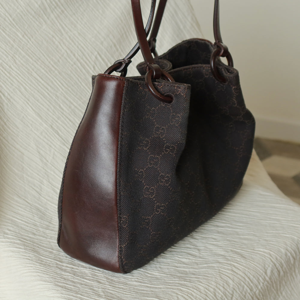 Gucci Vintage Dark Brown Canvas Leather GG Monogram Daily Tote Shoulder Bag
