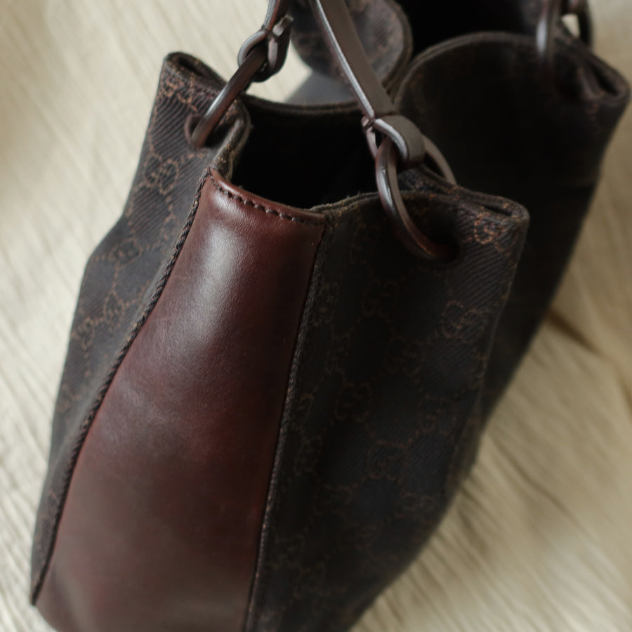 Gucci Vintage Dark Brown Canvas Leather GG Monogram Daily Tote Shoulder Bag