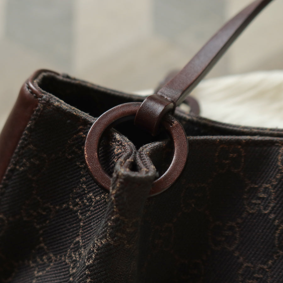 Gucci Vintage Dark Brown Canvas Leather GG Monogram Daily Tote Shoulder Bag