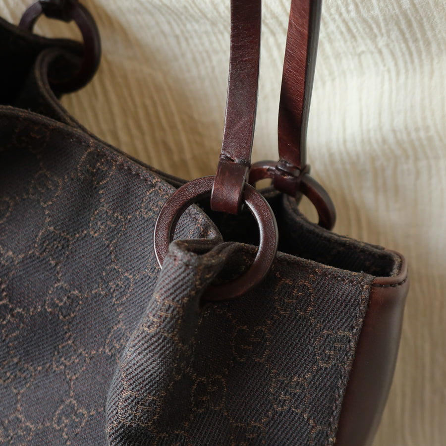 Gucci Vintage Dark Brown Canvas Leather GG Monogram Daily Tote Shoulder Bag