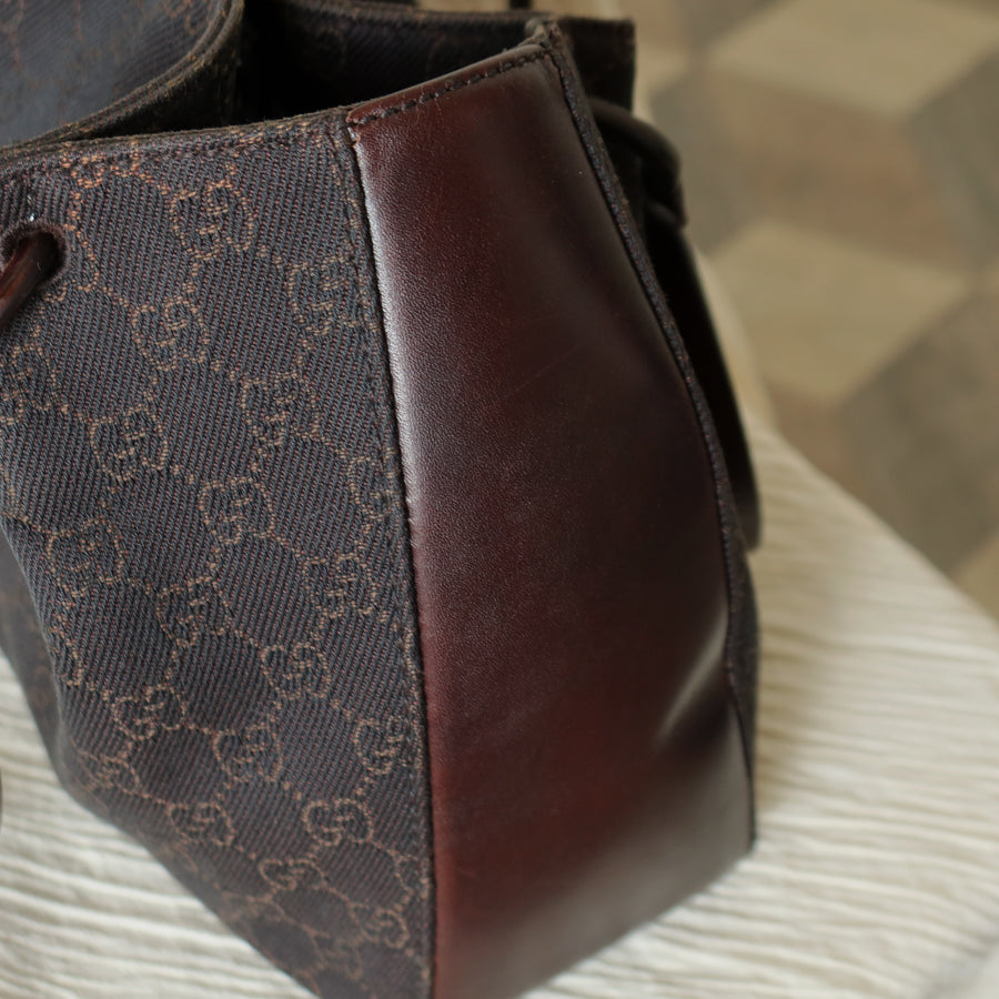 Gucci Vintage Dark Brown Canvas Leather GG Monogram Daily Tote Shoulder Bag