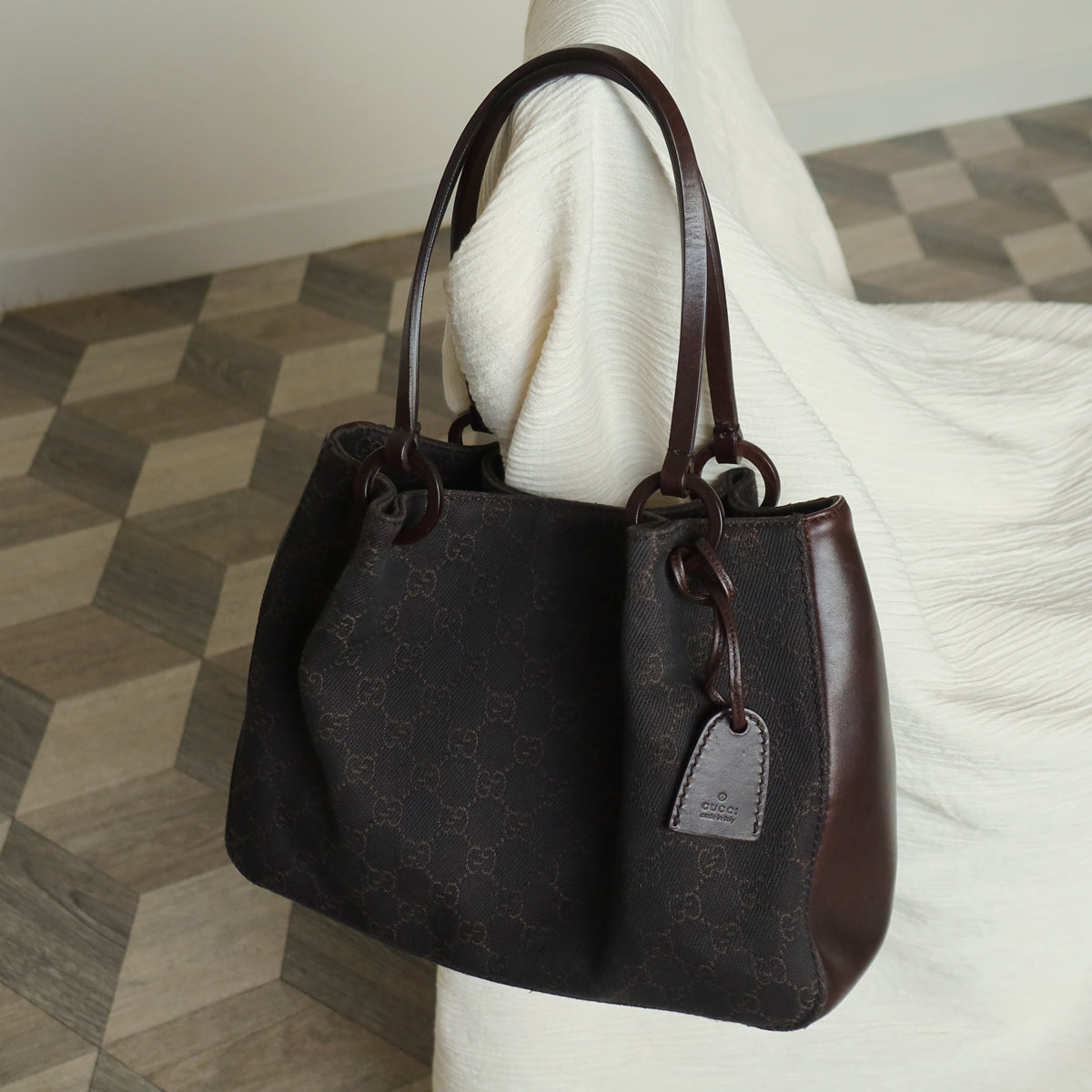 Gucci Vintage Dark Brown Canvas Leather GG Monogram Daily Tote Shoulder Bag