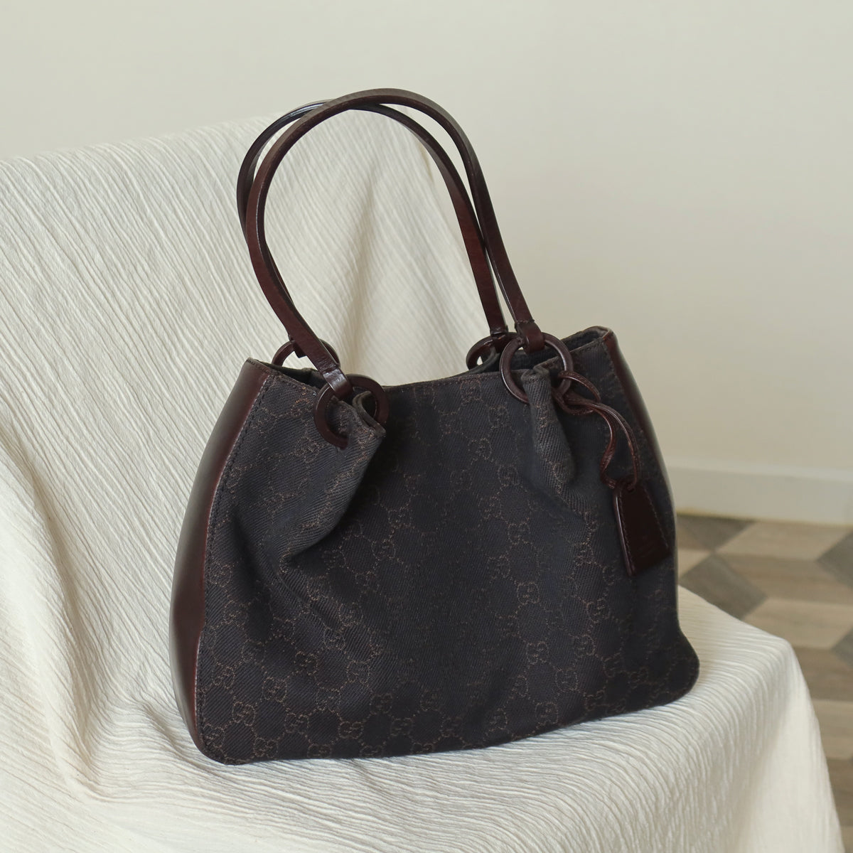 Gucci Vintage Dark Brown Canvas Leather GG Monogram Daily Tote Shoulder Bag